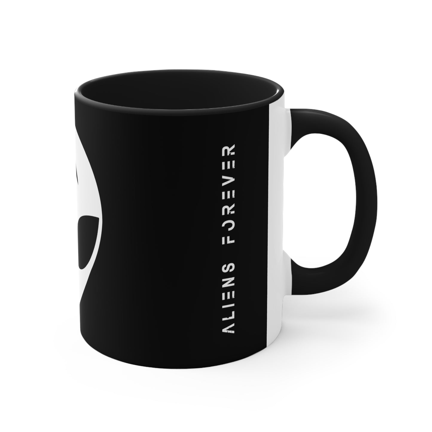 "Aliens Forever" Black x White Accented Mug, 11oz