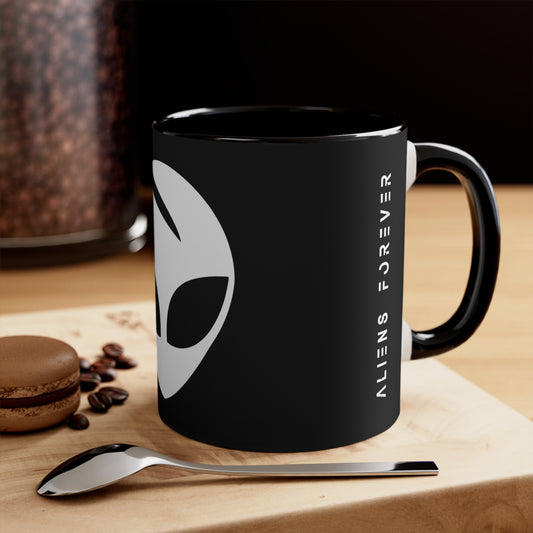 "Aliens Forever" Black x White Accented Mug, 11oz